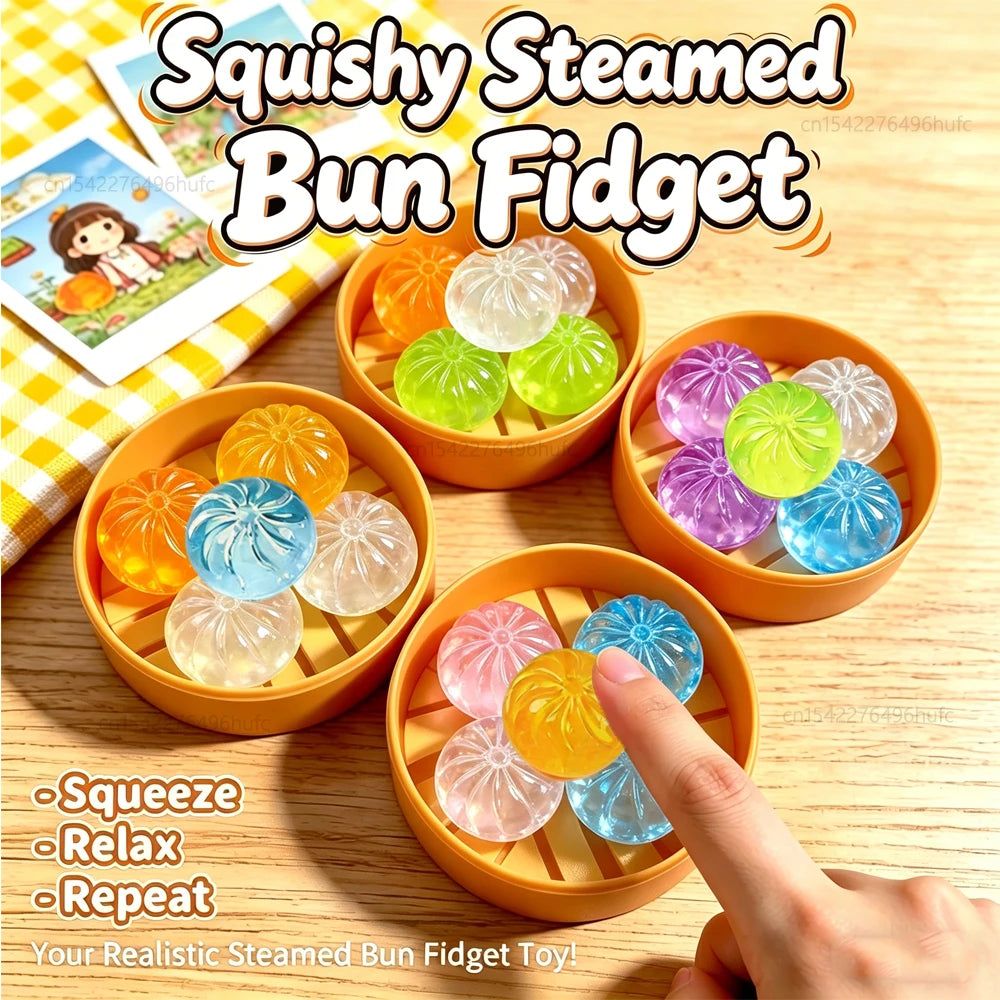 Squishy Dumpling Bun Fidget Toy Set – 5 Mini Buns + Steamer