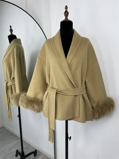 Women's Wool Coat with Fox Fur Cuffs – Elegant Belted Wrap Cardigan