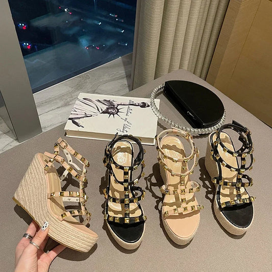 Women's Rivet Gladiator Wedge Sandals – Open Toe Platform