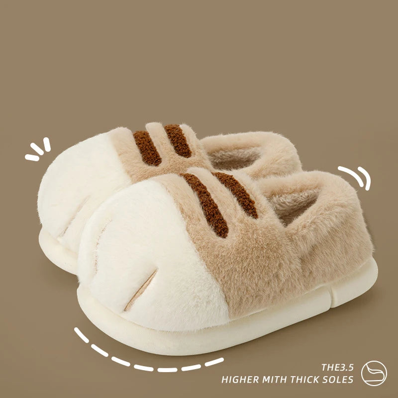 Cat Paw Plush Slippers – Fluffy Fleece-Lined Winter House Shoes