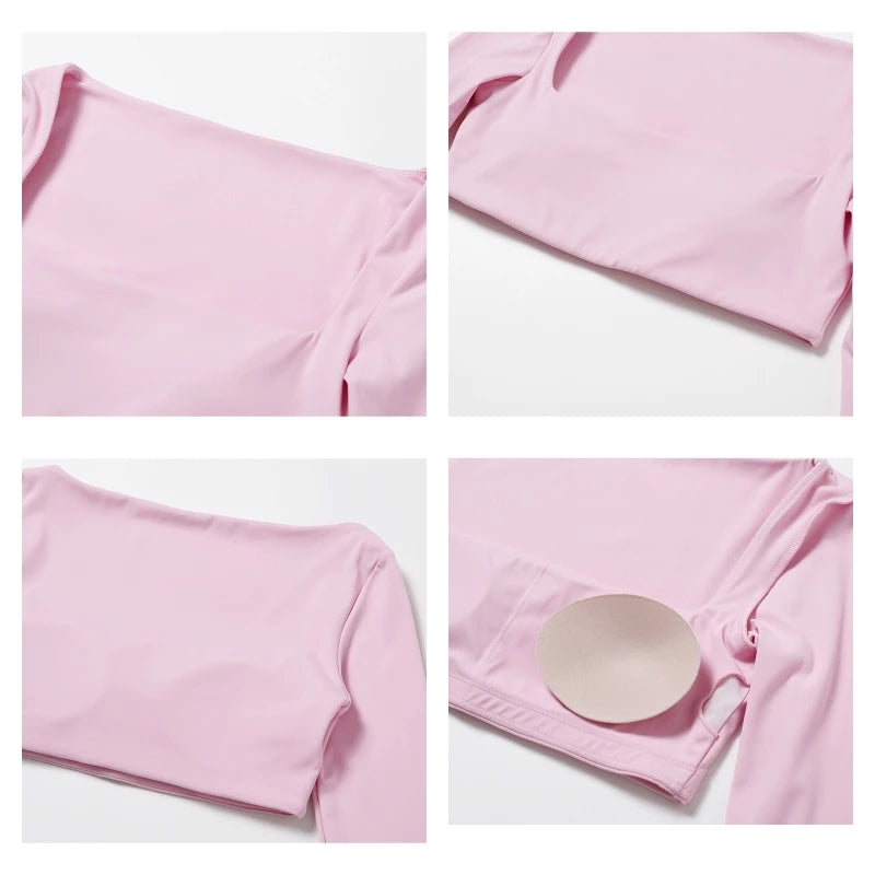 Women's Long Sleeve Square Neck Crop Top Gym Shirt