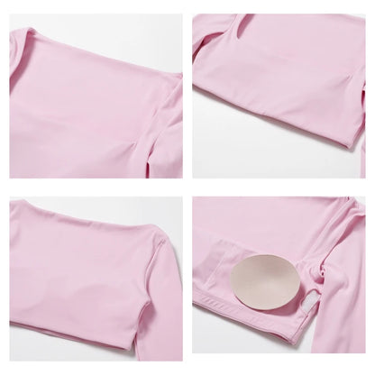 Women's Long Sleeve Square Neck Crop Top Gym Shirt