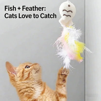 Cat Teaser Wand Toy - Steel Wire, Dragon & Fish, Bell, Interactive