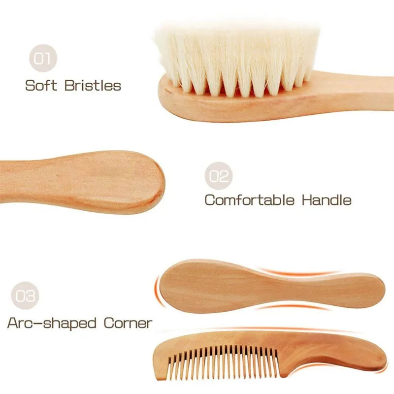 Baby Wooden Hair Brush & Comb Set – Soft Wool Newborn Grooming