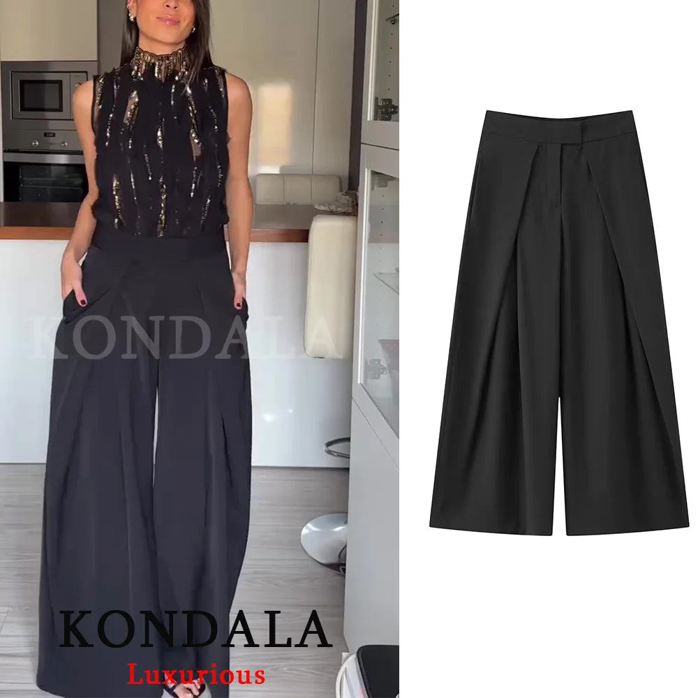 Wide Leg Pleated Trousers – Women's Casual Chic Office Pants with Pockets