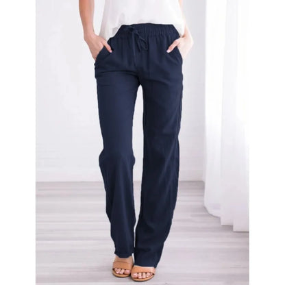 Women's Cotton Linen Drawstring Pants – Loose Straight Leg