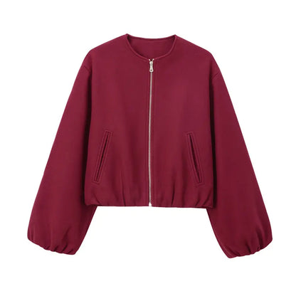 Women's Loose Zip-Up Bomber Jacket – Casual Long Sleeve Outerwear