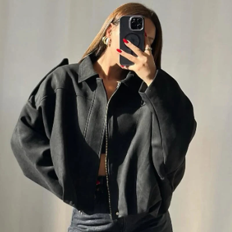Suede Cropped Bomber Jacket Women Oversized Batwing Sleeve Casual Coat