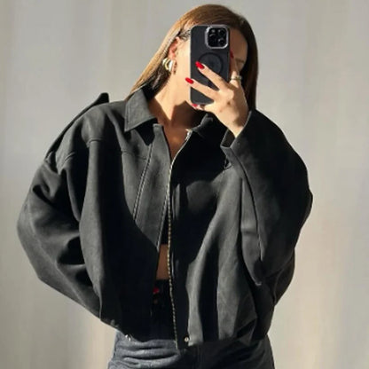 Suede Cropped Bomber Jacket Women Oversized Batwing Sleeve Casual Coat