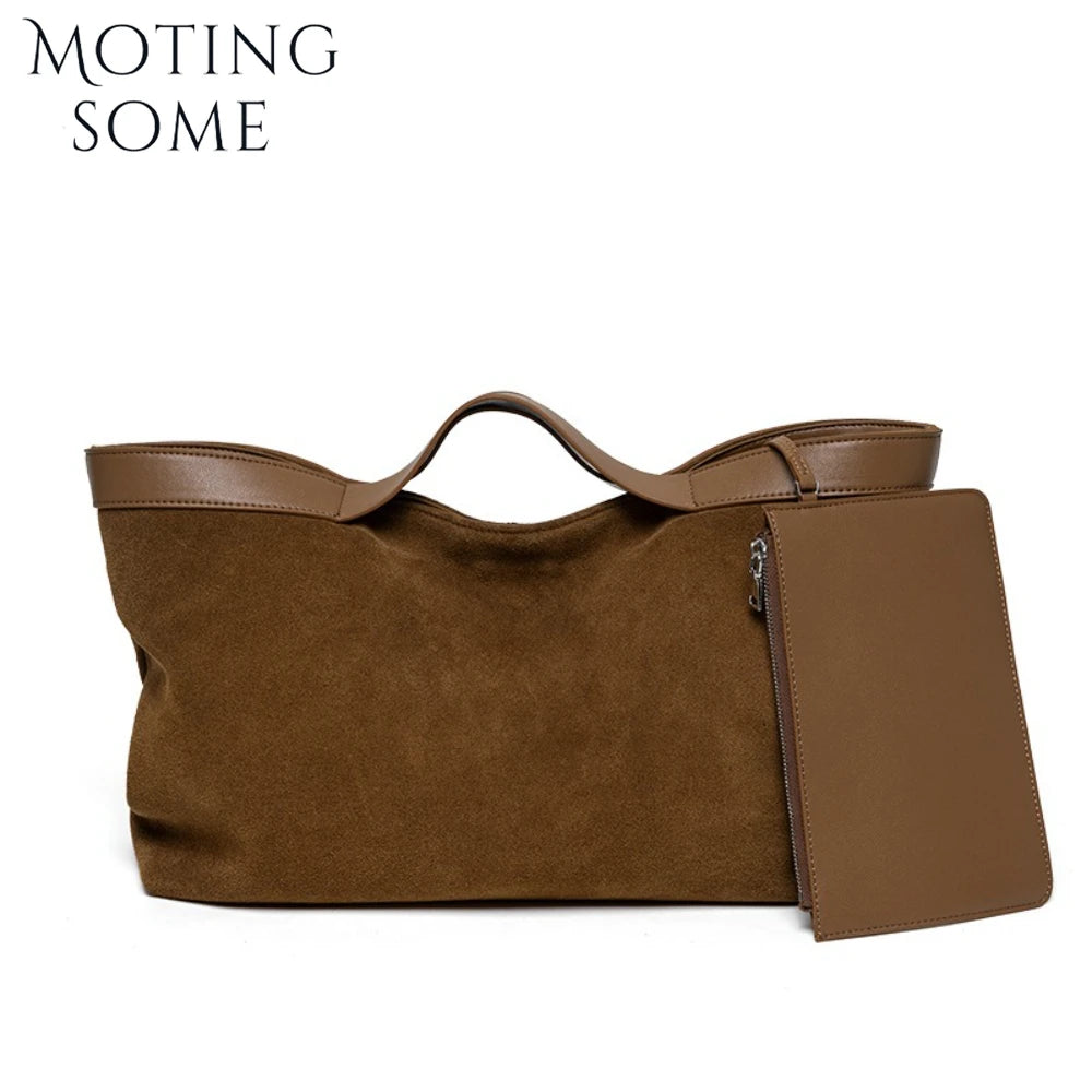 Oversized Suede Tote Bag with Leather Trim & Pouch