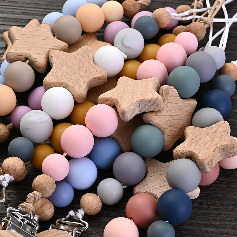 Wooden Star Pacifier Clip Chain with Silicone Teething Beads