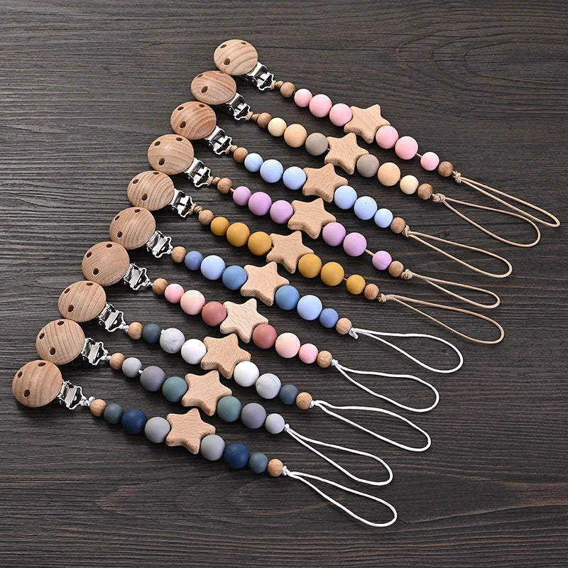 Wooden Star Pacifier Clip Chain with Silicone Teething Beads