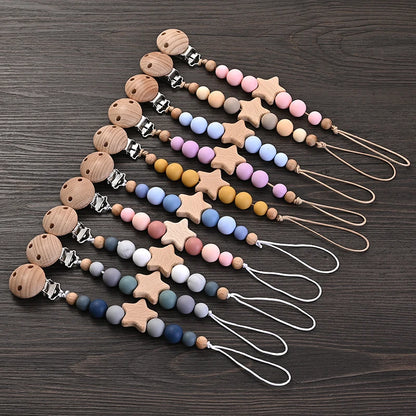 Wooden Star Pacifier Clip Chain with Silicone Teething Beads