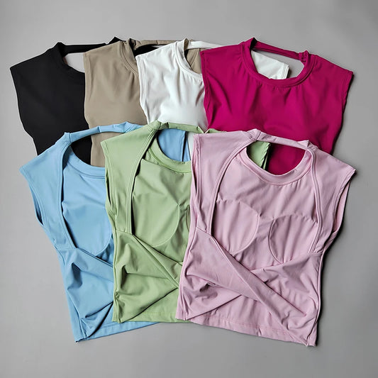 Women's Backless Sports Crop Top – Short Sleeve with Built-In Chest Pad