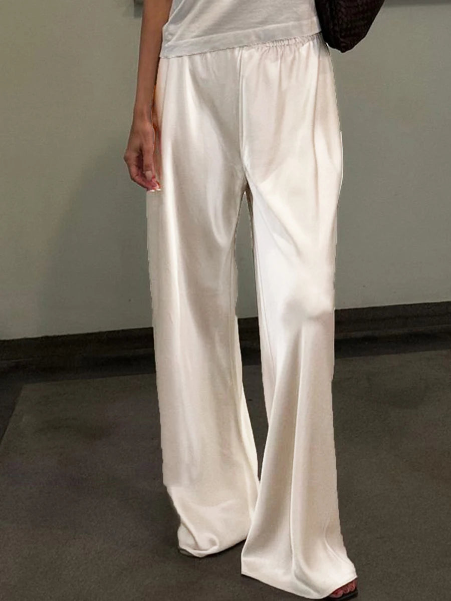 Women's Satin Wide Leg Pants – Elastic Waist Loose Fit Trousers