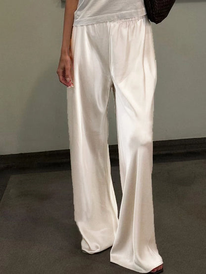 Women's Satin Wide Leg Pants – Elastic Waist Loose Fit Trousers