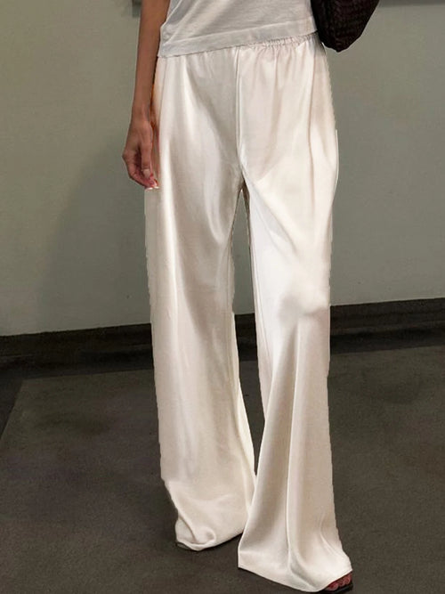 Women's Satin Wide Leg Pants – Elastic Waist Loose Fit Trousers