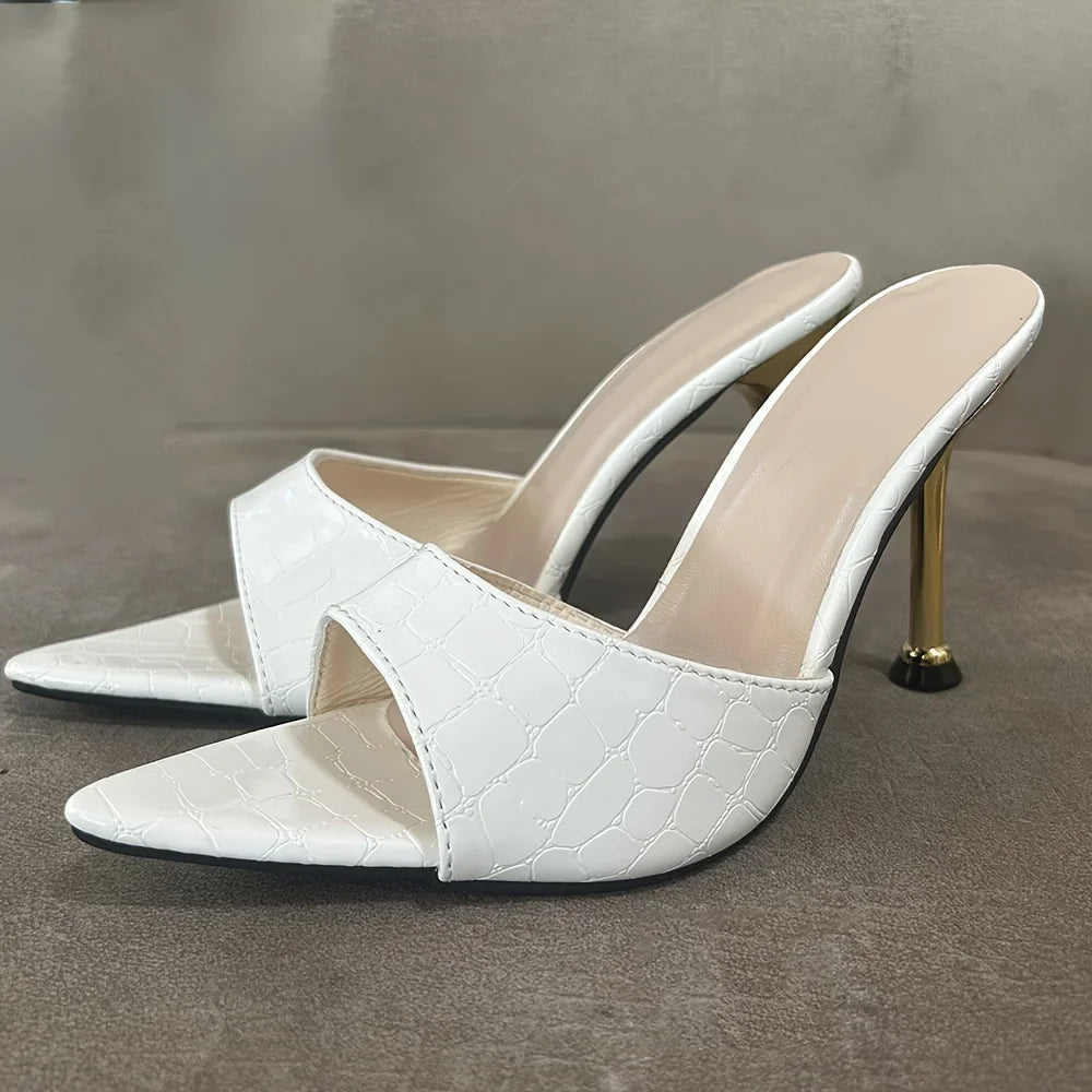 Crocodile Texture Stiletto Mule Heels – Women's Slip-On Pointed Toe Sandals
