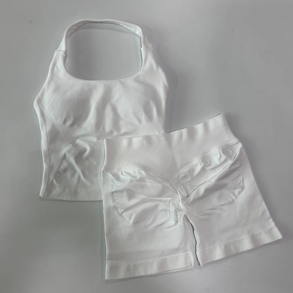Women's 2-Piece Gym Set – Backless Halter Top & Seamless Shorts