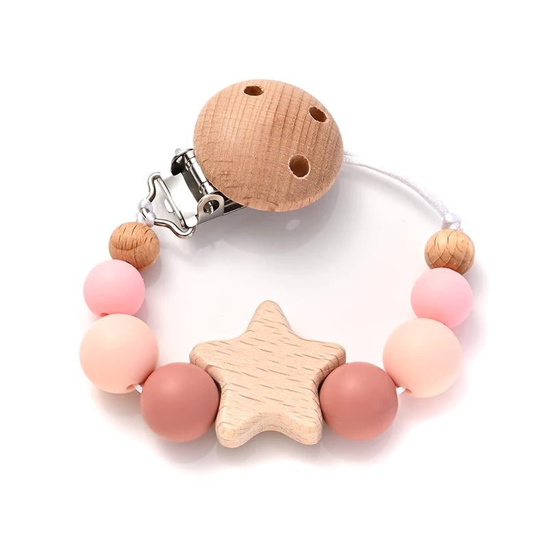 Wooden Star Pacifier Clip Chain with Silicone Teething Beads