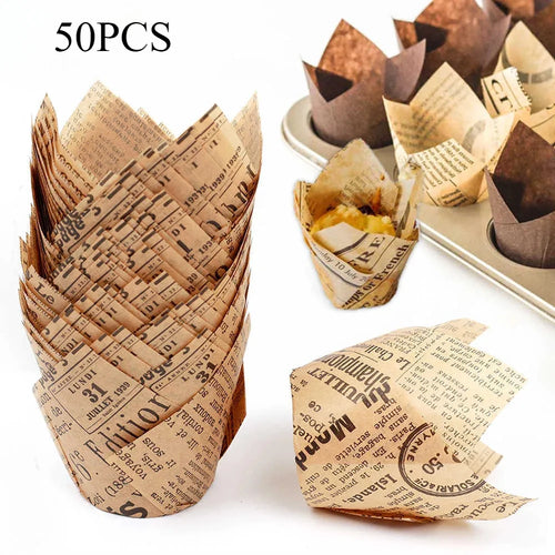 Newspaper Print Tulip Cupcake Liners – 50 Pack