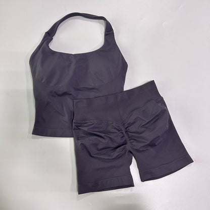 Women's 2-Piece Gym Set – Backless Halter Top & Seamless Shorts