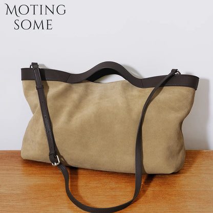 Oversized Suede Tote Bag with Leather Trim & Pouch