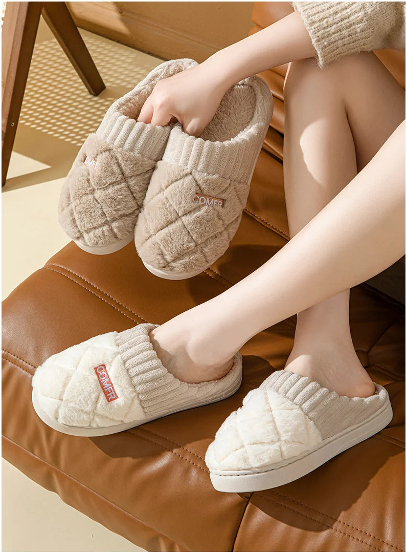 Plush Home Slippers – Quilted Fleece Anti-Slip Indoor Shoes for Women & Men