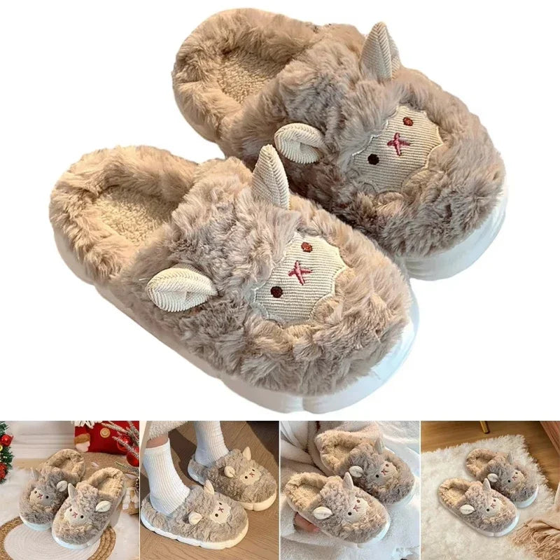 Cute Cartoon Sheep Plush Slippers for Women – Warm Fluffy Indoor Slides