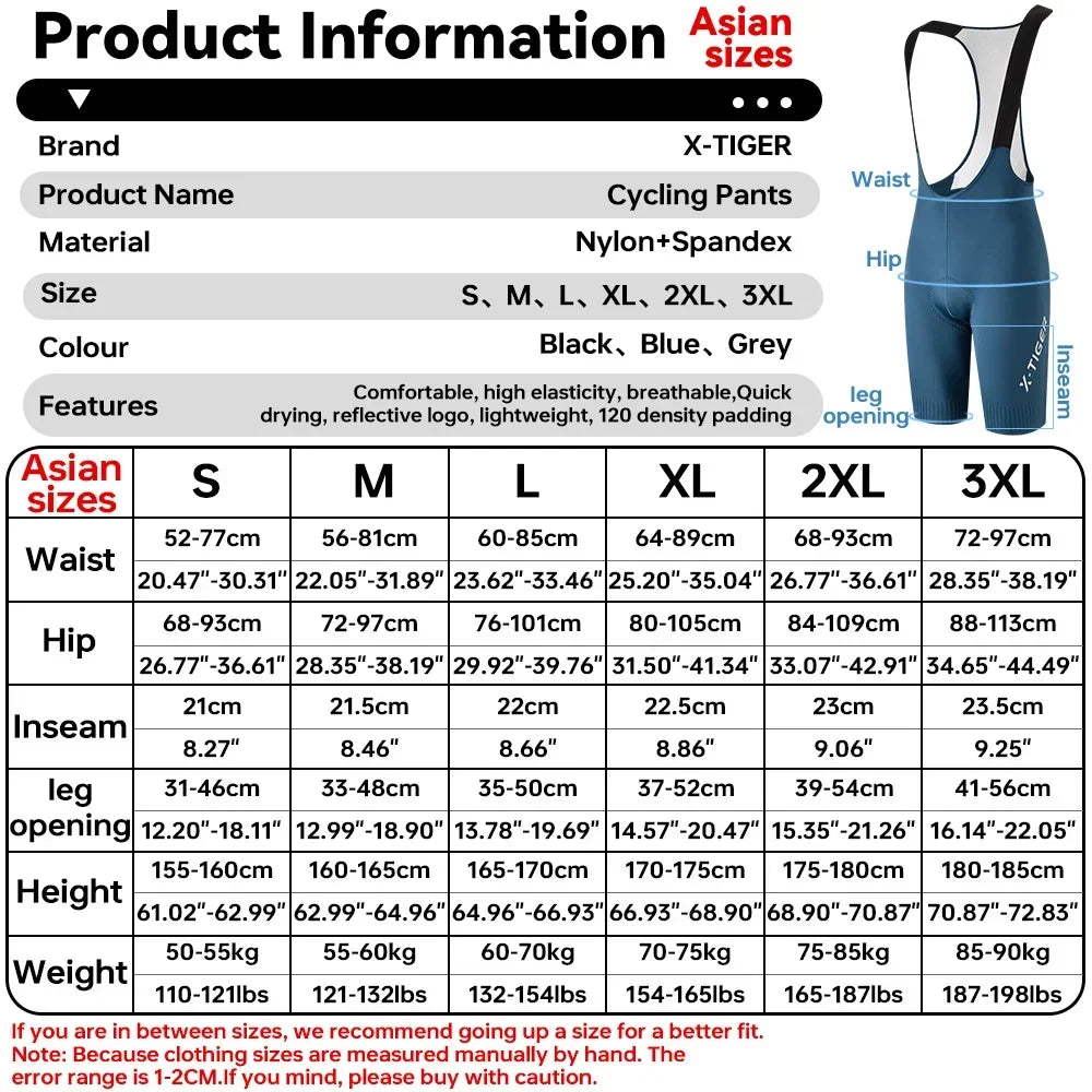 X-Tiger Men's Cycling Bib Shorts – 120D Chamois Pad, Road & MTB