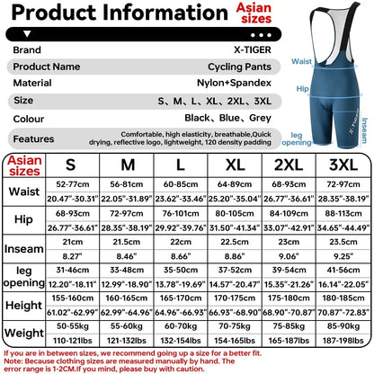 X-Tiger Men's Cycling Bib Shorts – 120D Chamois Pad, Road & MTB