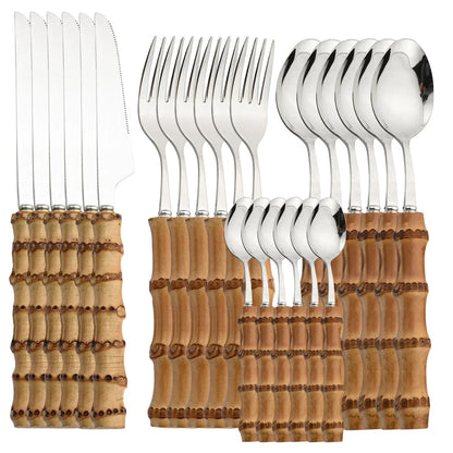 24-Piece Bamboo Handle Stainless Steel Cutlery Set – Flatware Dinnerware