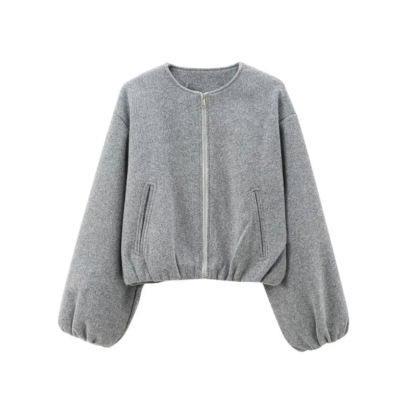 Women's Loose Zip-Up Bomber Jacket – Casual Long Sleeve Outerwear