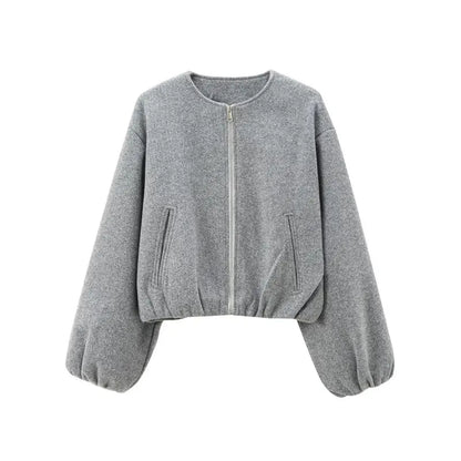 Women's Loose Zip-Up Bomber Jacket – Casual Long Sleeve Outerwear