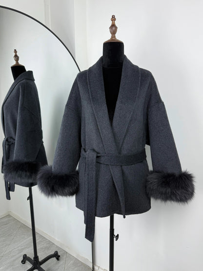 Women's Fox Fur Trim Double-Sided Wool Coat – Belted Elegant Wrap