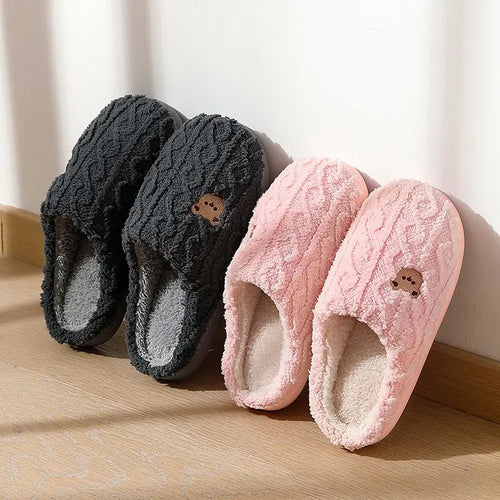 Fluffy Bear Winter Slippers – Warm Plush Cotton Indoor Slides for Women