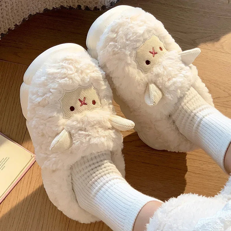 Fluffy Sheep Plush Slippers – Warm Faux Fur Winter House Shoes