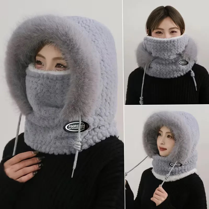 Women's Thermal Plush Hood Hat Scarf with Face Mask & Ear Protection