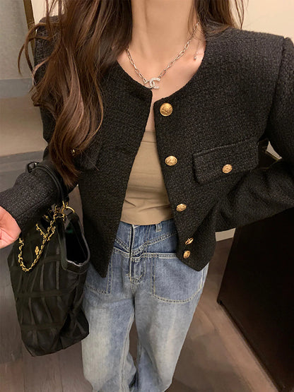 Women's Short Wool Tweed Coat with Gold Buttons – Slim Fit