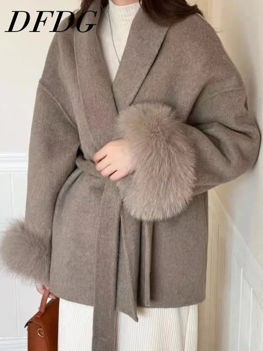Women's Cashmere Wool Coat with Fur Cuffs & Tie Belt – Autumn Winter