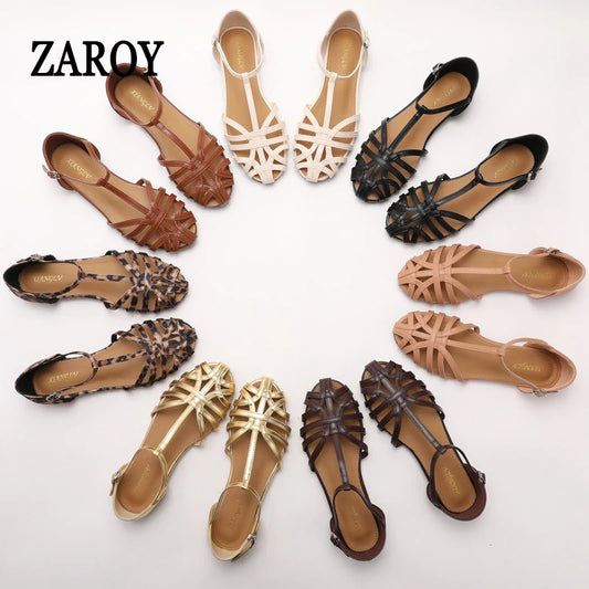 Women's Flat Roman Sandals – Woven Cross-Strap Cage Sandals with Ankle Buckle