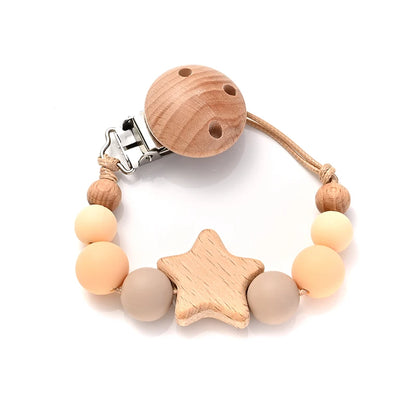 Wooden Star Pacifier Clip Chain with Silicone Teething Beads