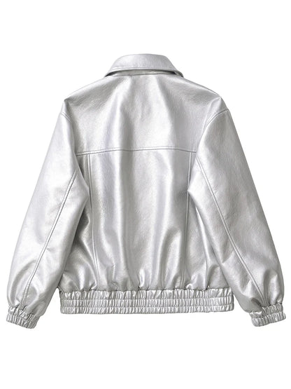 Women's Oversized Faux Leather Jacket – Retro Streetwear Zip Coat