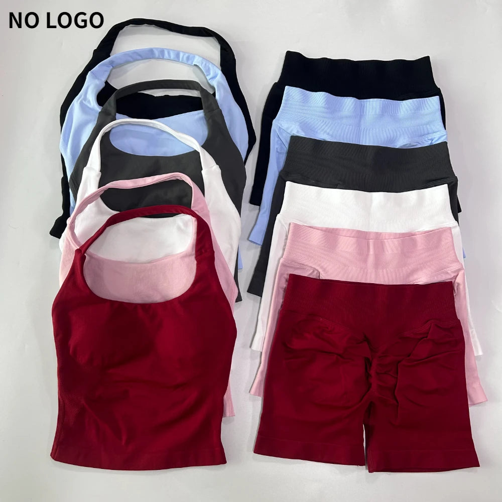 Women's 2-Piece Gym Set – Backless Halter Top & Seamless Shorts