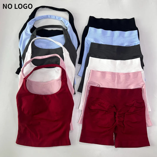 Women's 2-Piece Gym Set – Backless Halter Top & Seamless Shorts