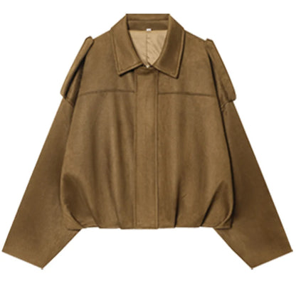 Suede Cropped Bomber Jacket Women Oversized Batwing Sleeve Casual Coat