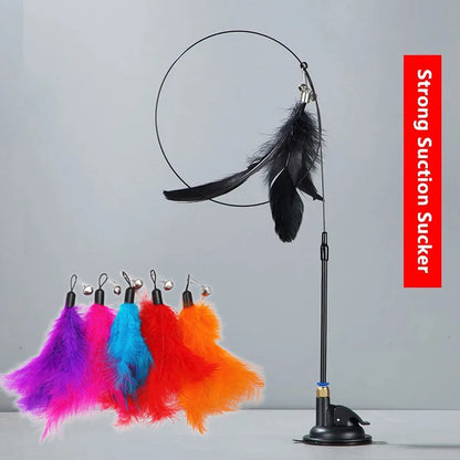 Cat Feather Teaser Wand Toy with Suction Cup Base