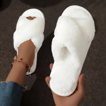 Women's Cross Strap Faux Fur Slippers – Cozy Indoor House Shoes