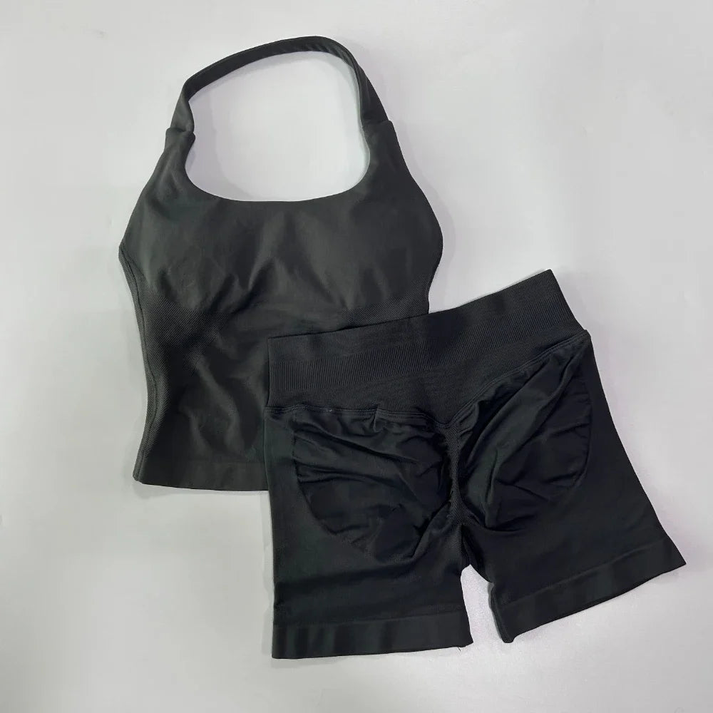 Women's 2-Piece Seamless Sports Set – Backless Tank Top & Scrunch Shorts