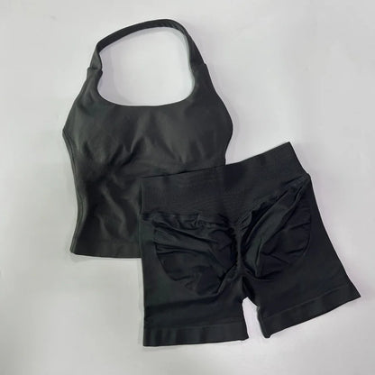 Women's 2-Piece Seamless Sports Set – Backless Tank Top & Scrunch Shorts